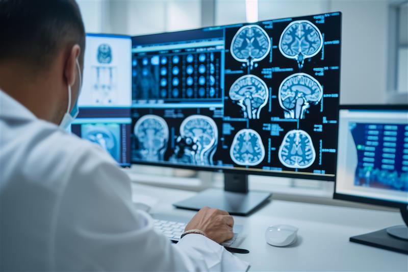 Clinician reviewing medical imaging on a workstation